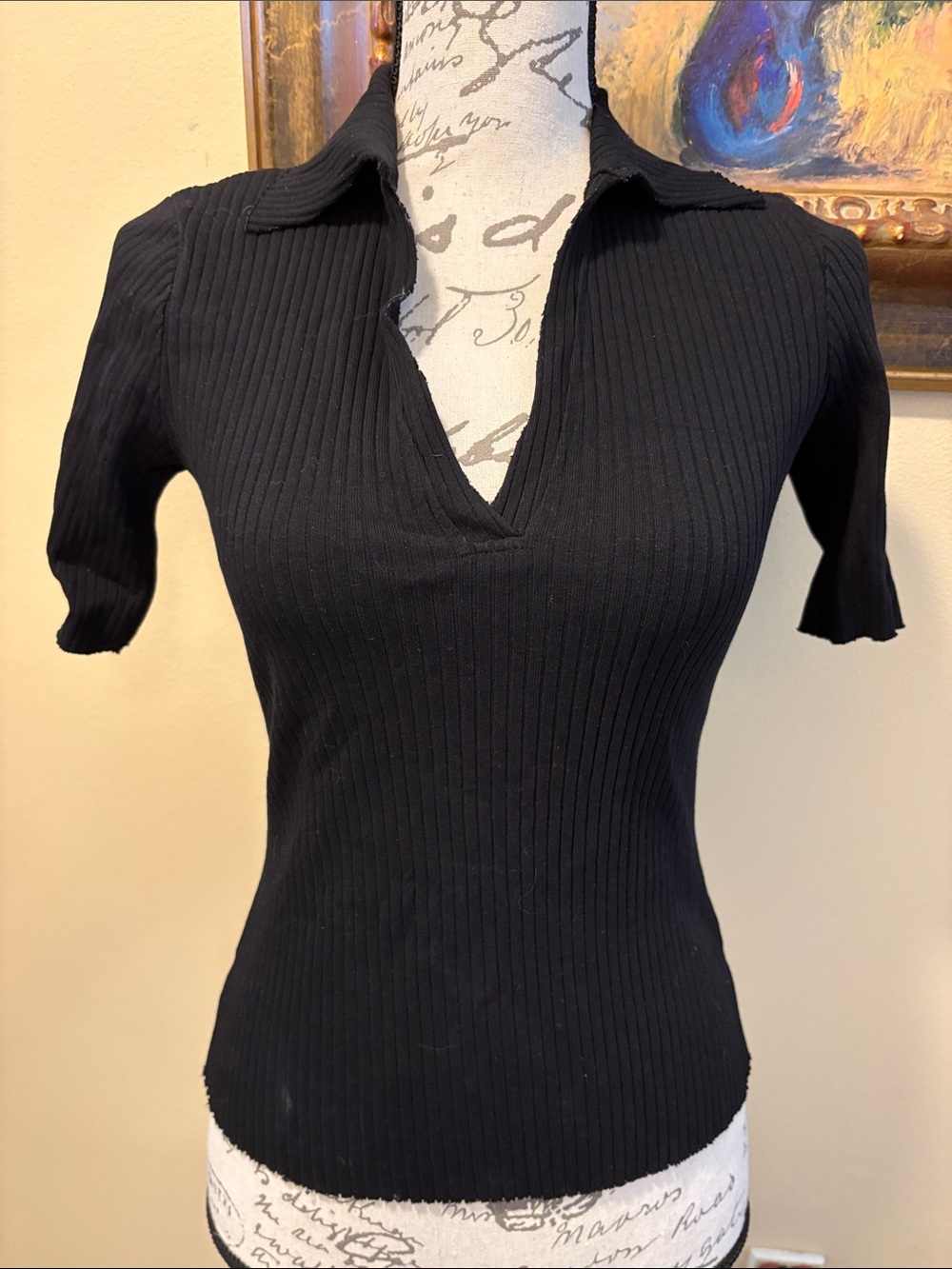Cotton Citizen Black Ribbed V-Neck Polo Top - Women